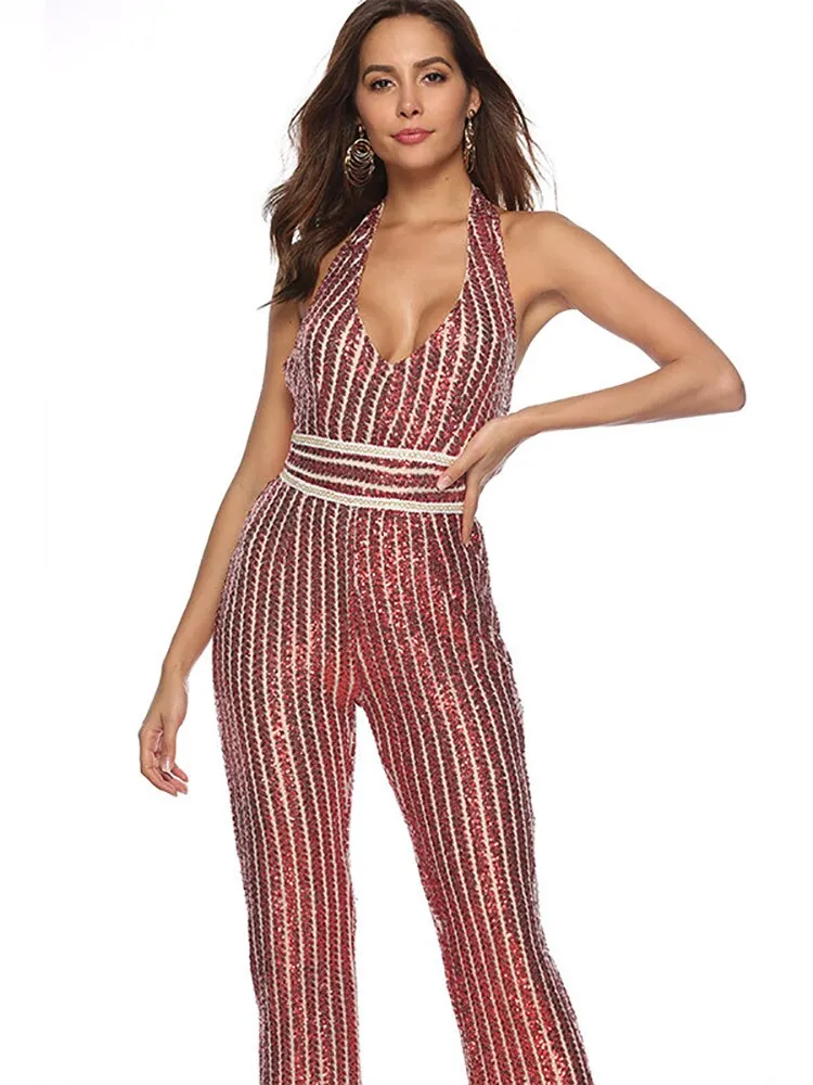 Golden Glitter V-Neck Jumpsuit Women Sexy Skinny Backless Bodycon Jumpsuits