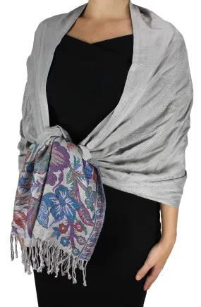 Gray Peach Couture Exclusive Paisley Floral Border Reversible Pashmina Wrap Shawl