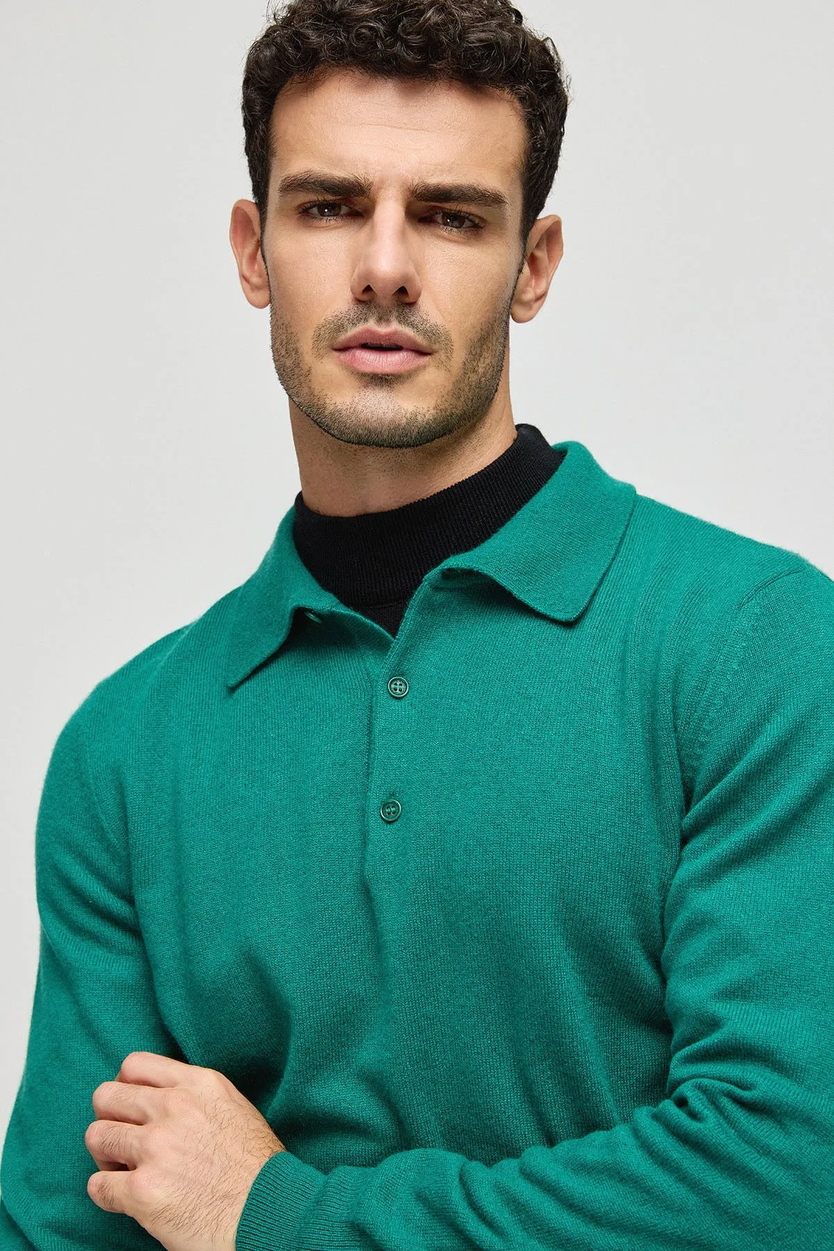 Green Pure Cashmere Polo Neck Men's Sweater