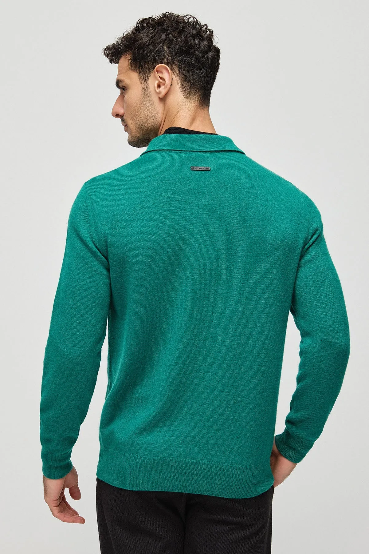 Green Pure Cashmere Polo Neck Men's Sweater