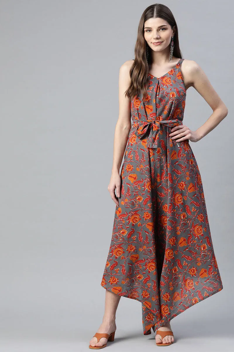 Grey & Orange Cotton Sleeveless Asymmetric Jumpsuit with Belt