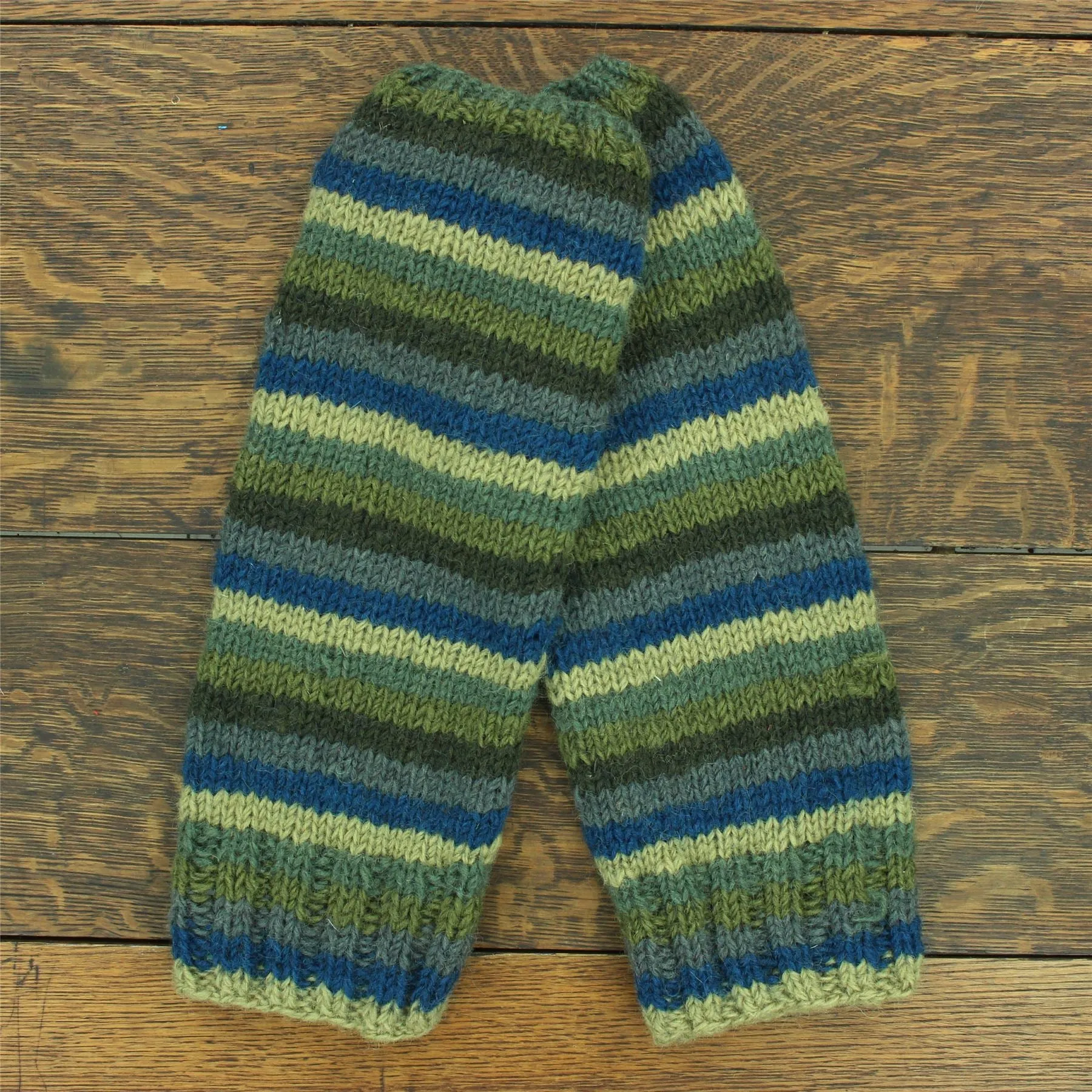 Hand Knitted Wool Leg Warmers - Stripe Green Blue