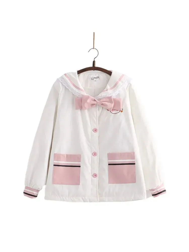 Harajuku Rabbit Embroidery Women Quilted Coats Winter Long Sleeve Sailor Collar Bow Ladies Cotton Liner Jackets Outwears