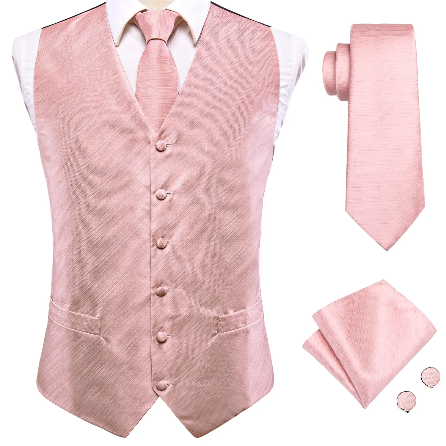 Hi-Tie Baby Pink Men's Vest Hanky Cufflinks Tie Set Waistcoat Suit Set