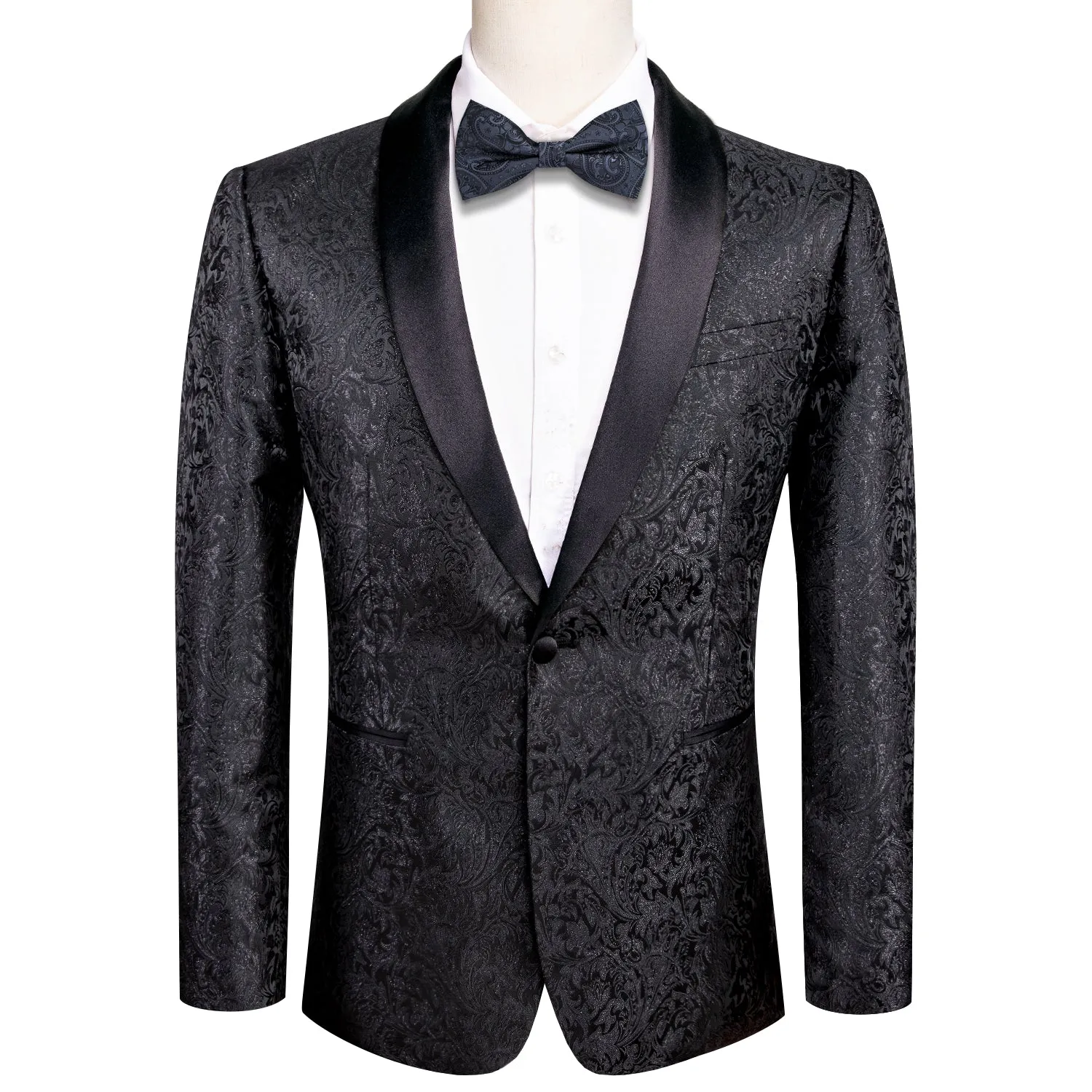 Hi-Tie Black Formal Blazer Shining Floral Men's Black Shawl Lapel Suit