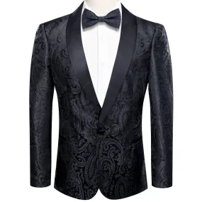 Hi-Tie Black Shawl Collar Black Paisley Blazer Bowtie Suit Set