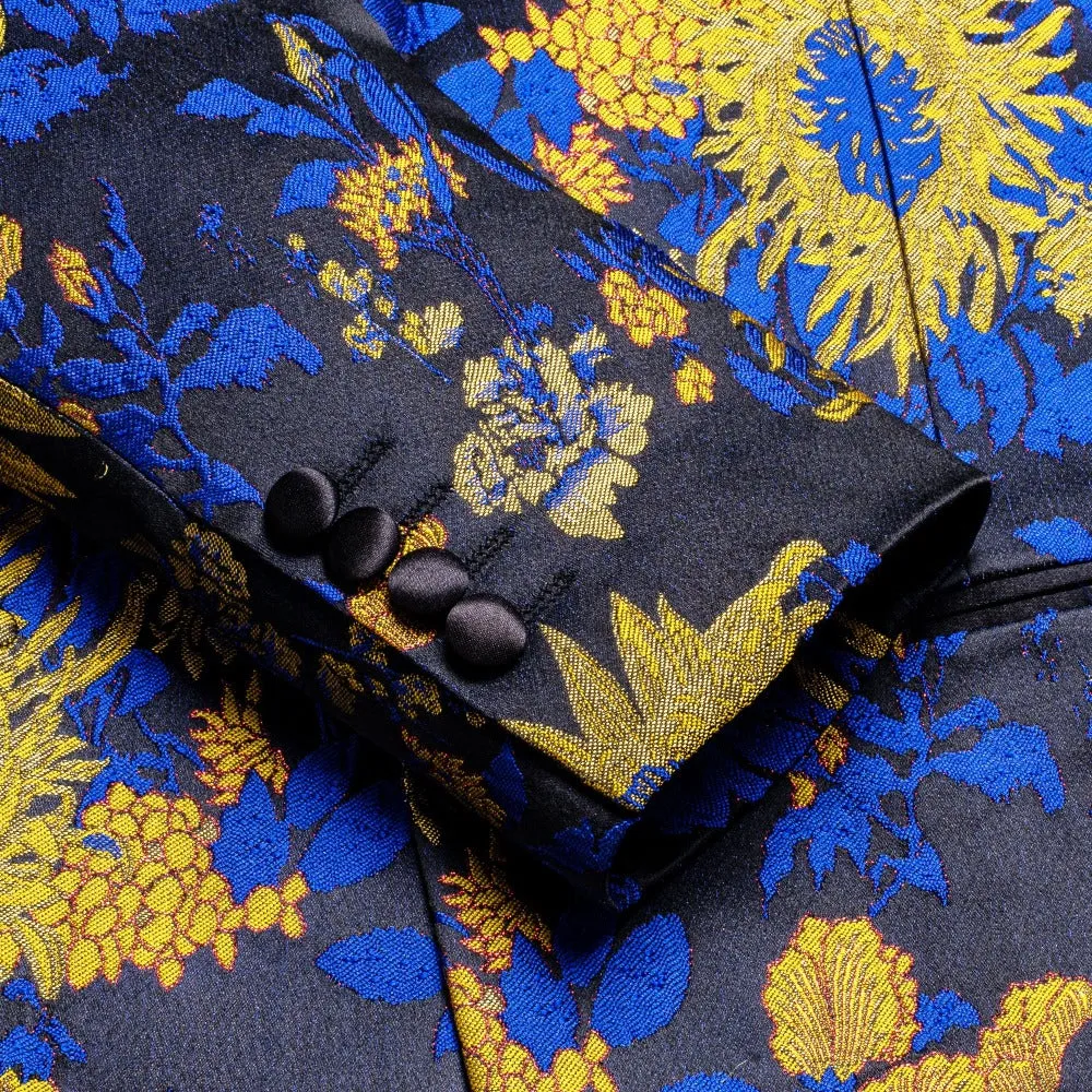 Hi-Tie Black Shawl Lapel Dinner Suit Yellow Blue Floral Men's Blazer