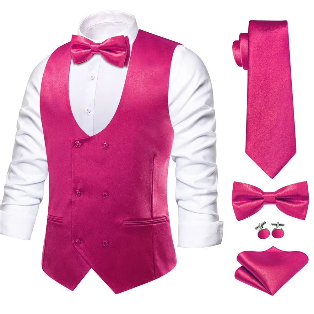 Hi-Tie Cerise Pink Solid U-Neck Double-Breasted Vest Necktie Bowtie Set