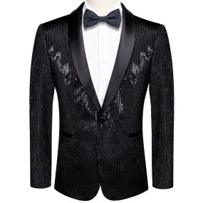 Hi-Tie Sequin Blazer Black Shawl Collar Black Solid Suit Tie Set