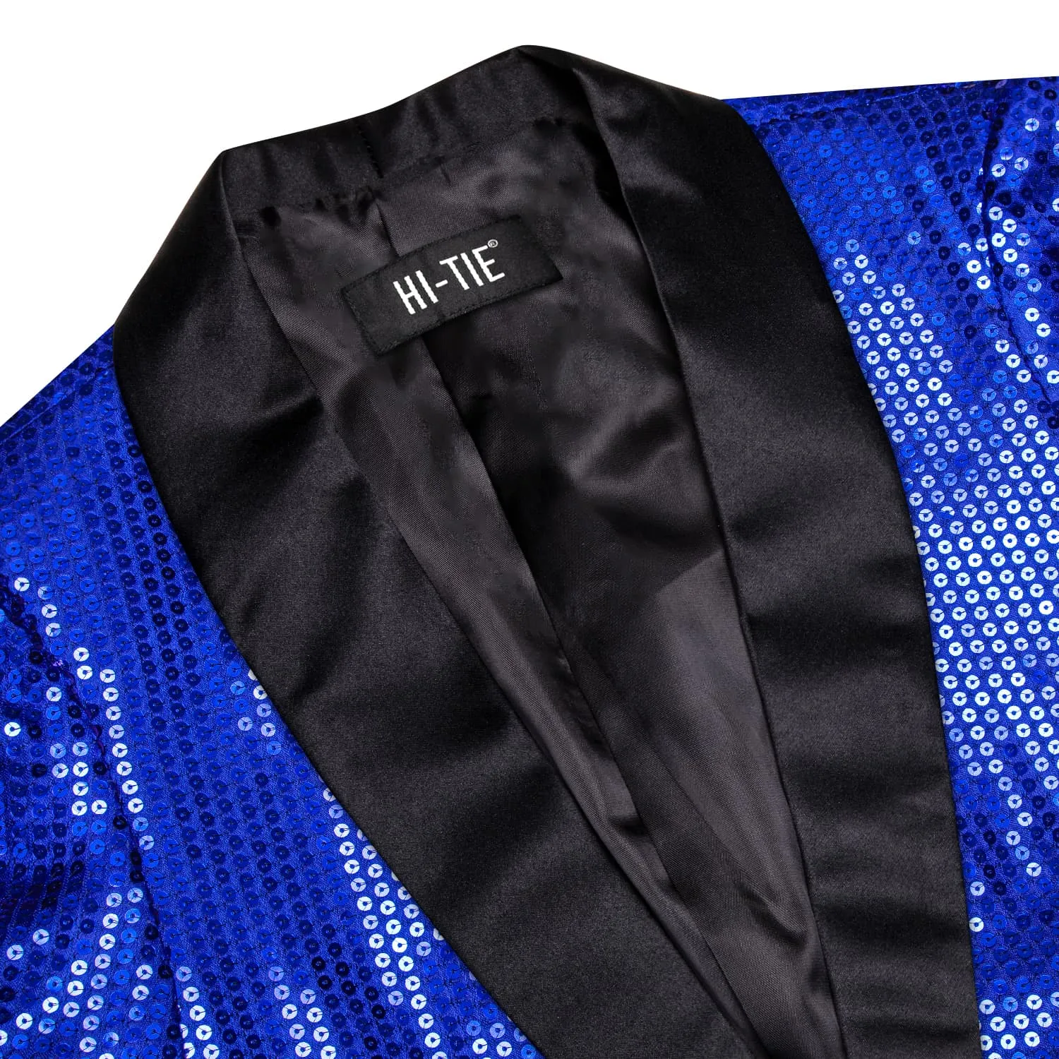 Hi-Tie Sequin Blazer Black Shawl Collar Blue Solid Suit Tie Set