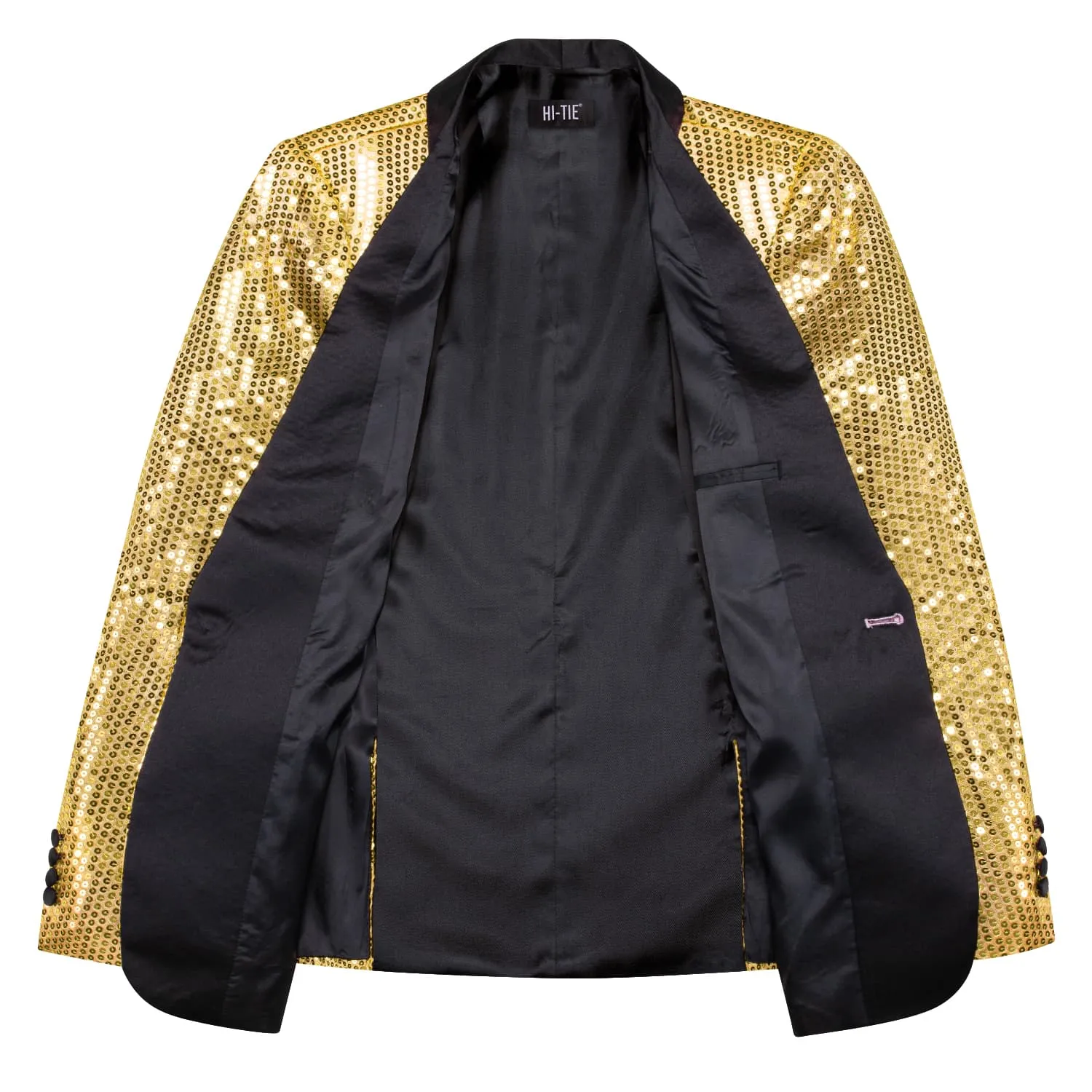 Hi-Tie Sequin Blazer Black Shawl Collar Gold Solid Suit Tie Set