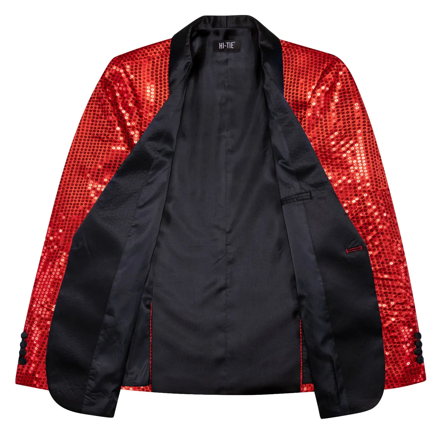 Hi-Tie Sequin Blazer Black Shawl Collar Red Solid Suit Tie Set