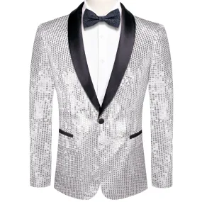 Hi-Tie Sequin Blazer Black Shawl Collar Silver Solid Suit Tie Set