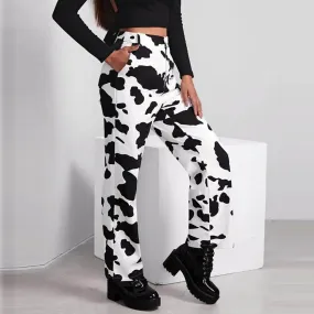 High Waist White Cow Print Wide Leg Jeans