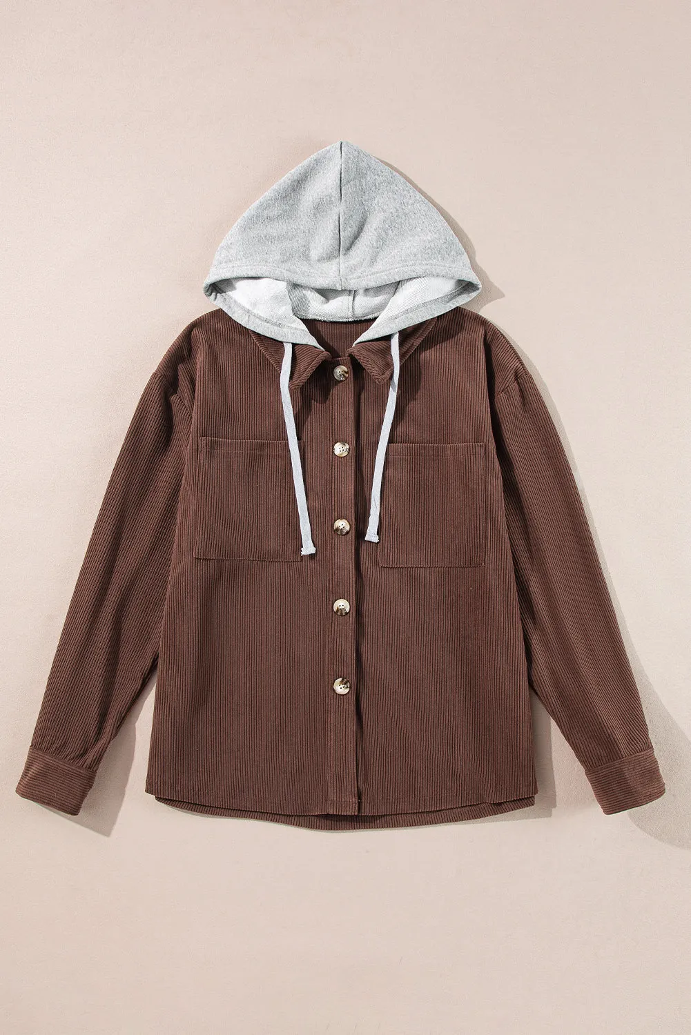 Hooded Drawstring Pockets Corduroy Shacket