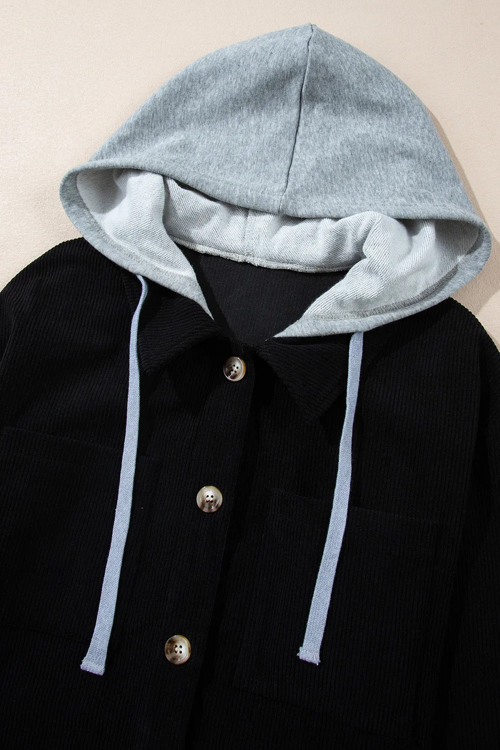 Hooded Drawstring Pockets Corduroy Shacket