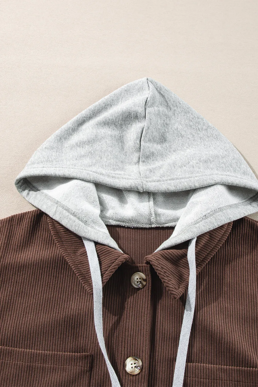 Hooded Drawstring Pockets Corduroy Shacket