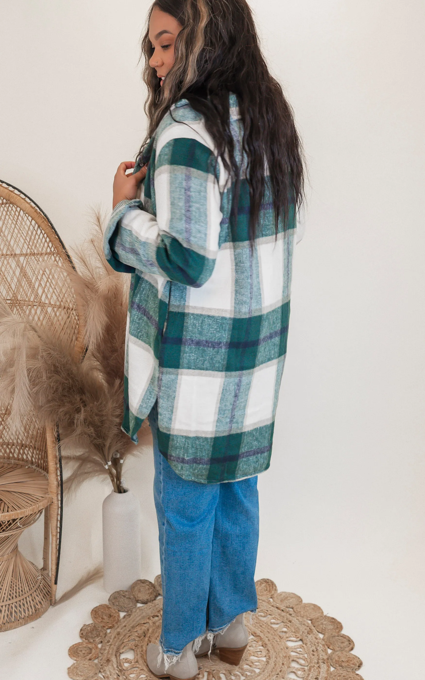 Hunter Green Checked Long Plaid Shacket