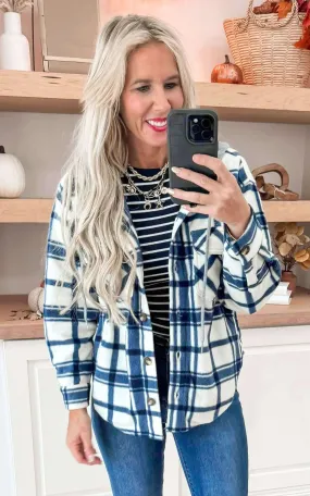 Ivory Navy Plaid Print Hoodie Fleece Shacket