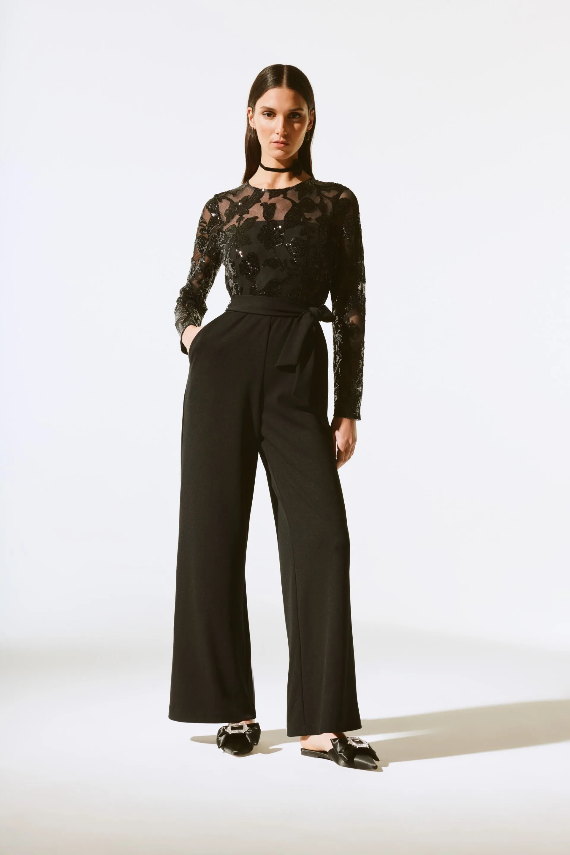 Joseph Ribkoff Black Floral Sequined Mesh Long Sleeve Jumpsuit 243763