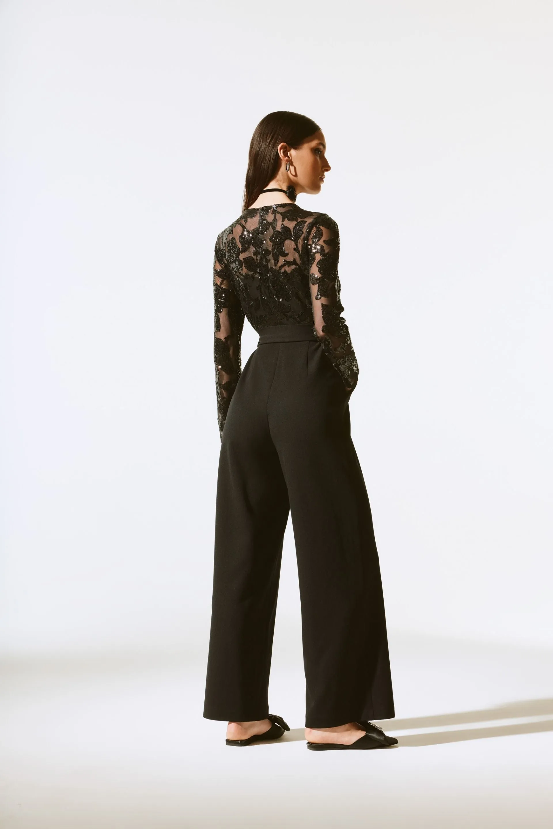 Joseph Ribkoff Black Floral Sequined Mesh Long Sleeve Jumpsuit 243763