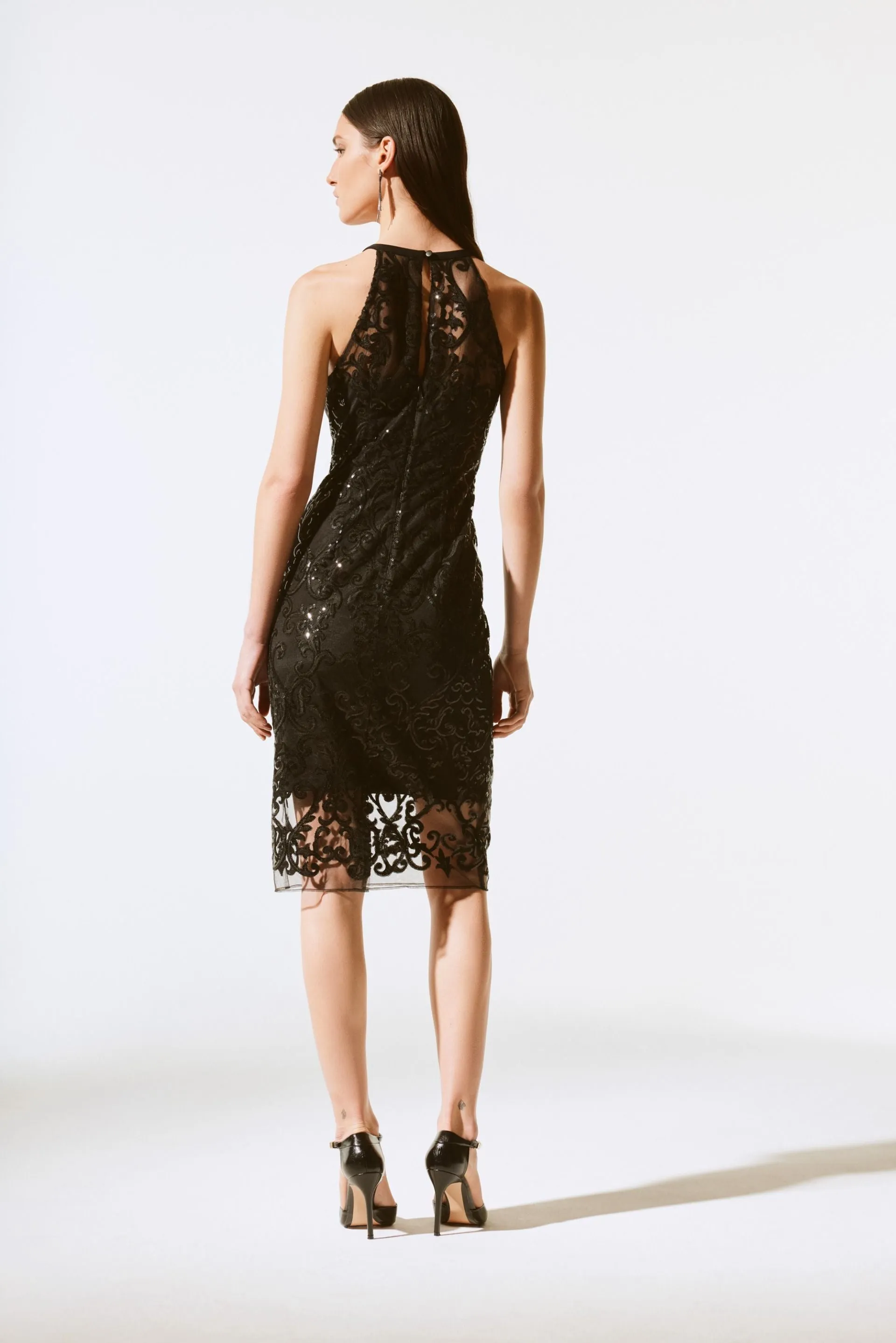 Joseph Ribkoff Black Sequined Lace Halter Evening Dress 243715