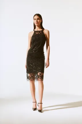 Joseph Ribkoff Black Sequined Lace Halter Evening Dress 243715