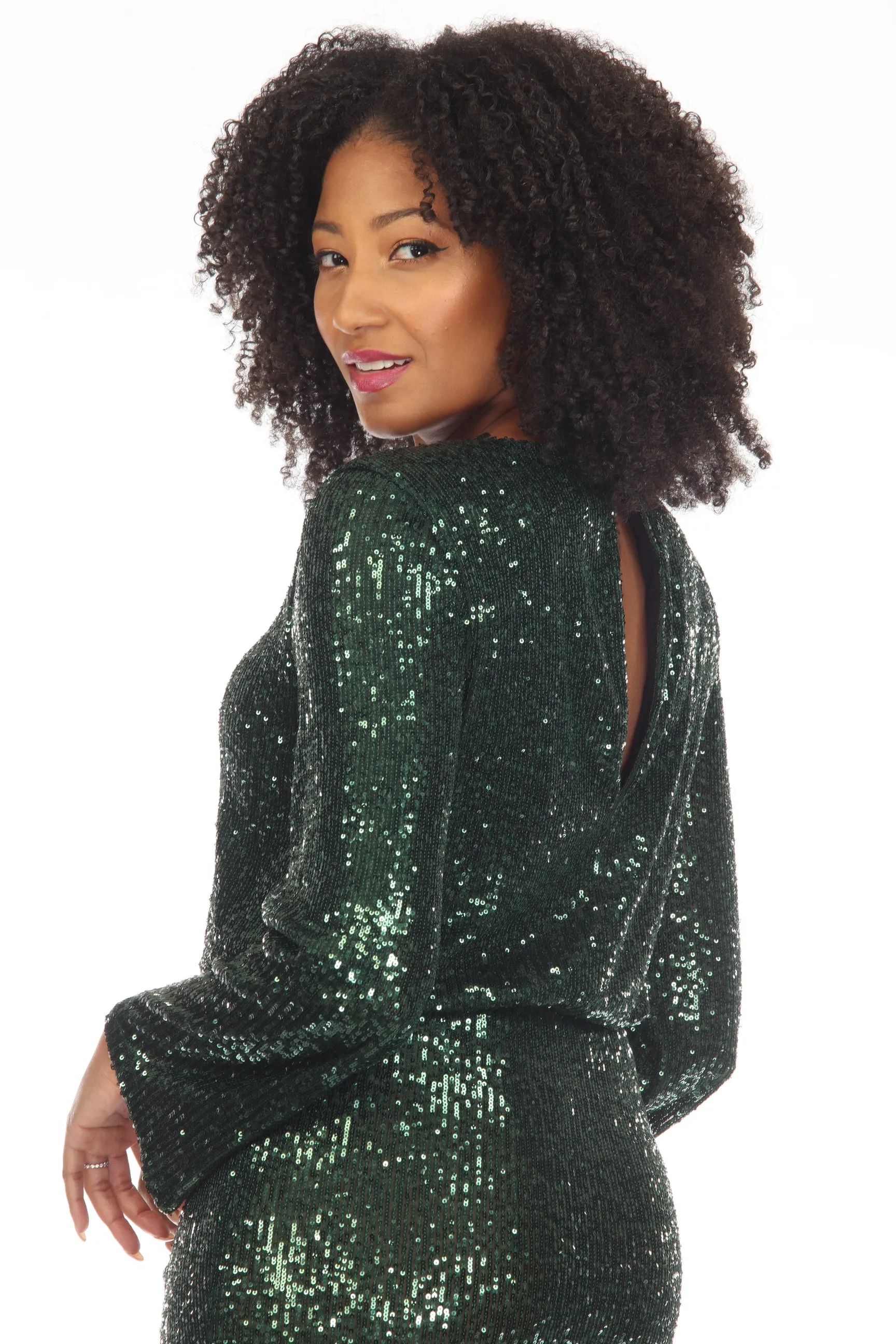 Joseph Ribkoff Dark Green Sequined Blouson Gathered Detail Midi Dress 234714