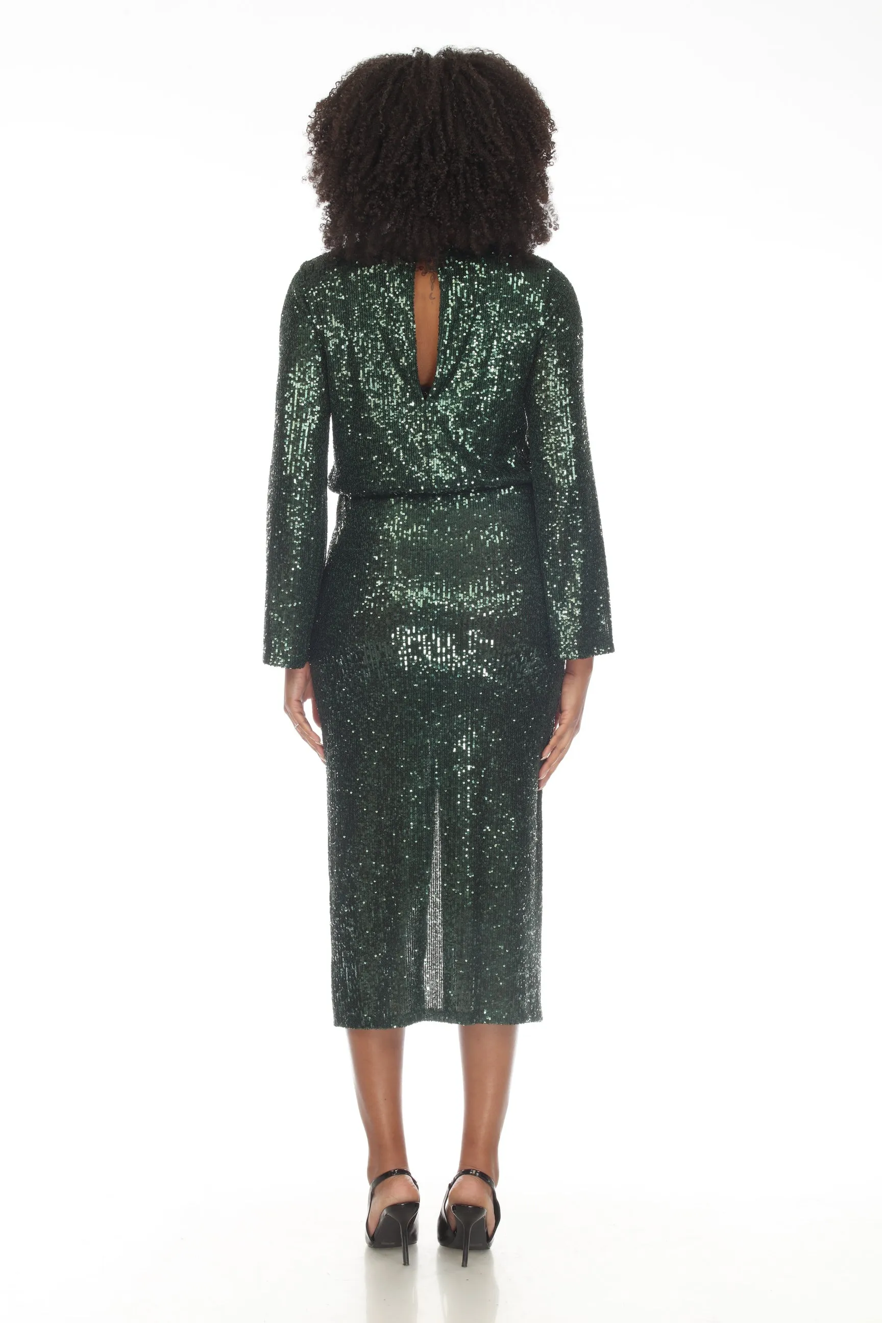 Joseph Ribkoff Dark Green Sequined Blouson Gathered Detail Midi Dress 234714