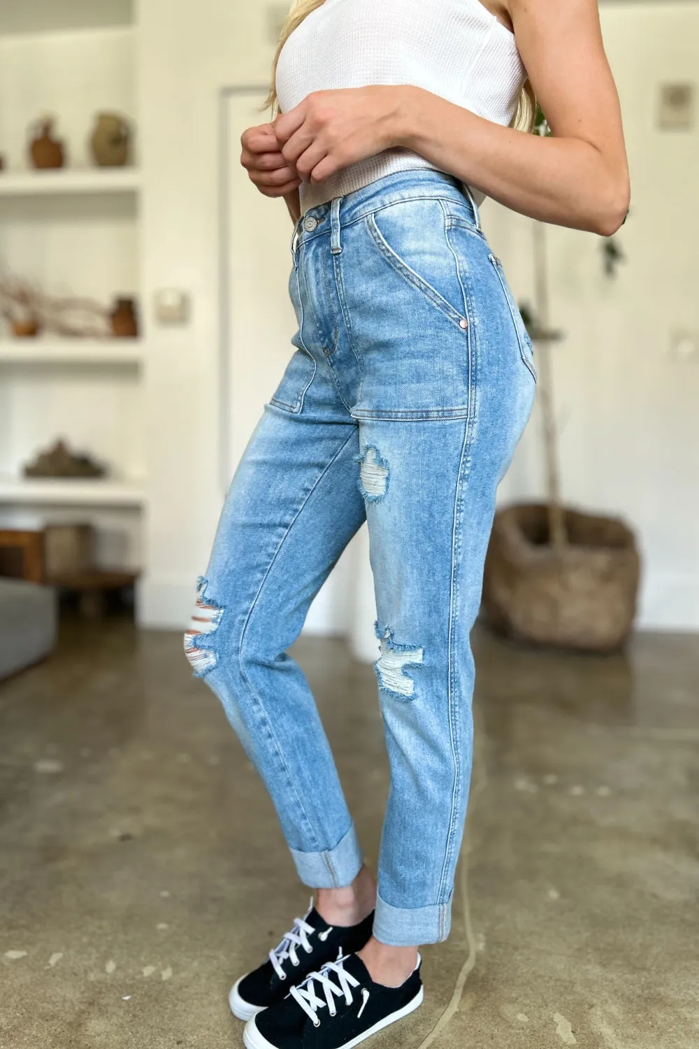 Judy Blue Distressed Straight Jeans with Patch Pockets