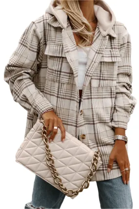 Khaki Plaid Removable Hood Buttoned Shacket