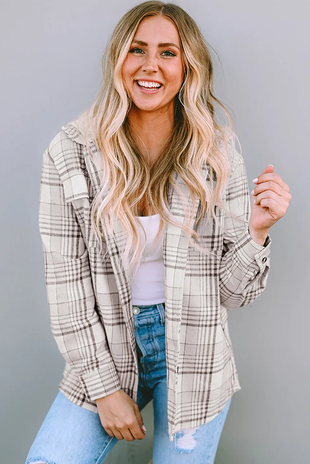 Khaki Plaid Removable Hood Buttoned Shacket