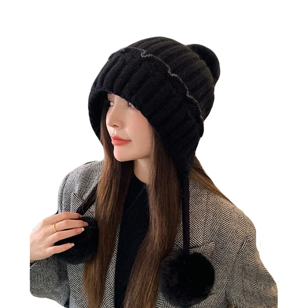 Knit Pom Pom Beanie Hat - Ear Flaps Watch Cap Winter Thick Cable Ski Hat YZ70239