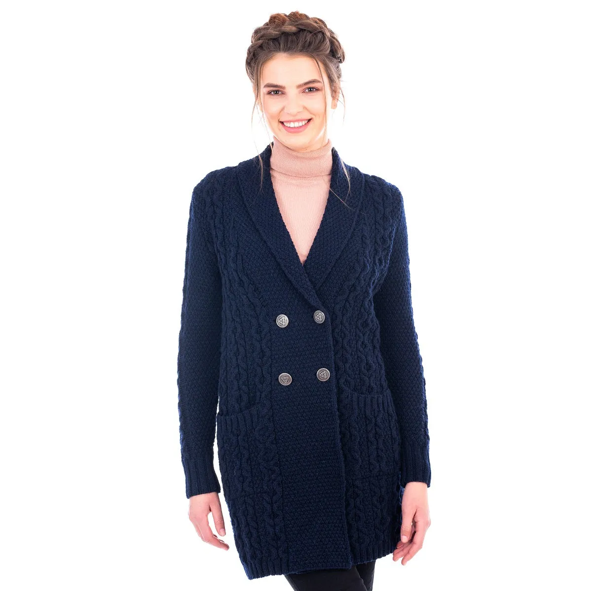 Ladies Shawl Neck Knitted Irish Cardigan