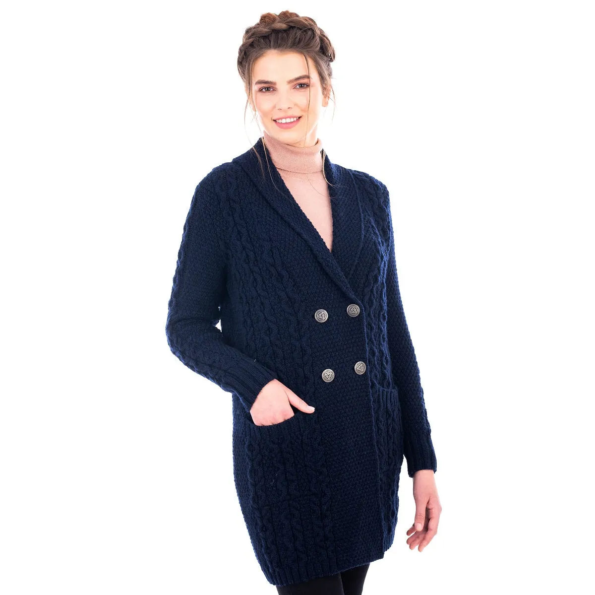 Ladies Shawl Neck Knitted Irish Cardigan