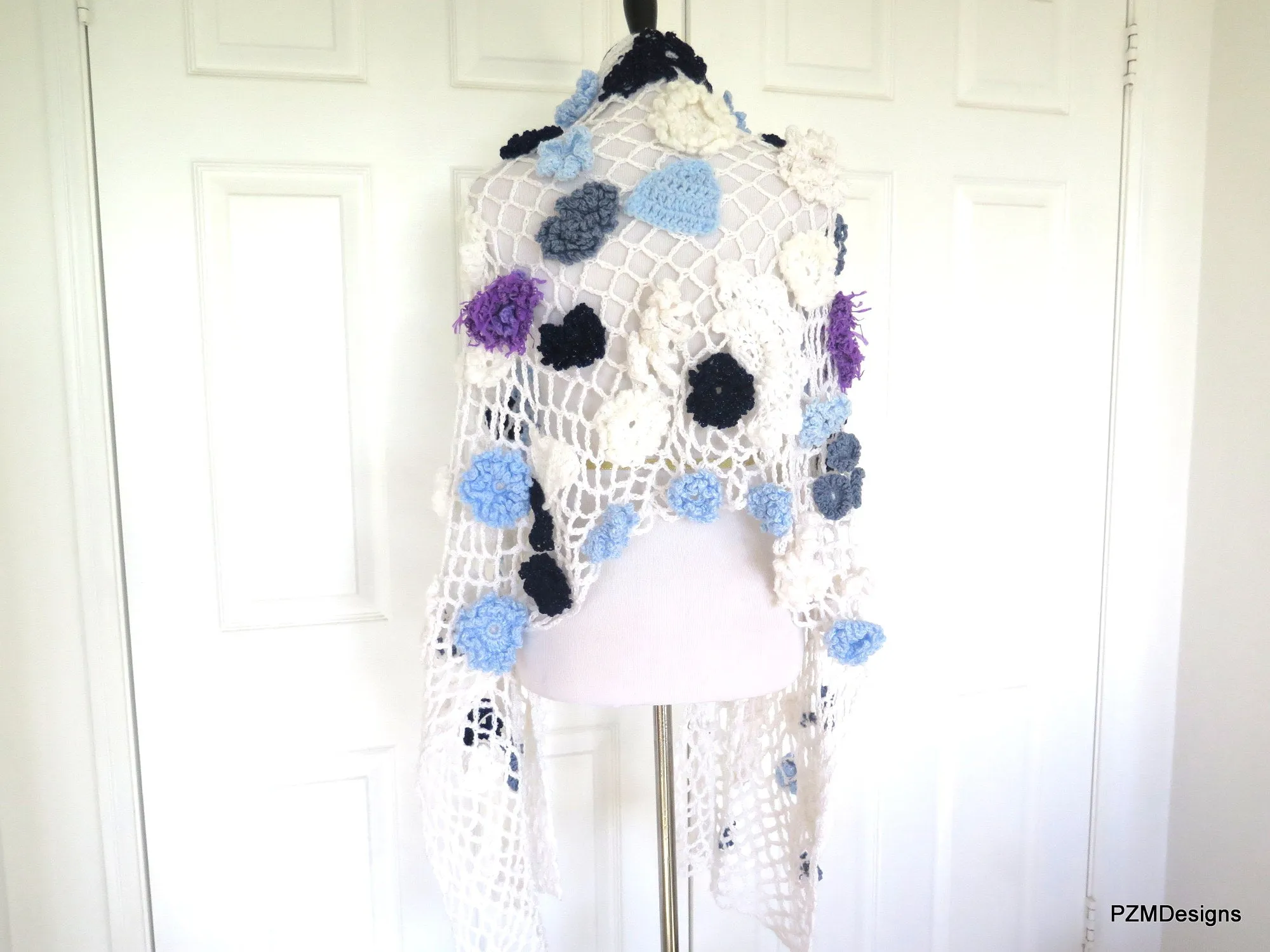 Large Crochet White Bridal Shawl with Flower Appliques