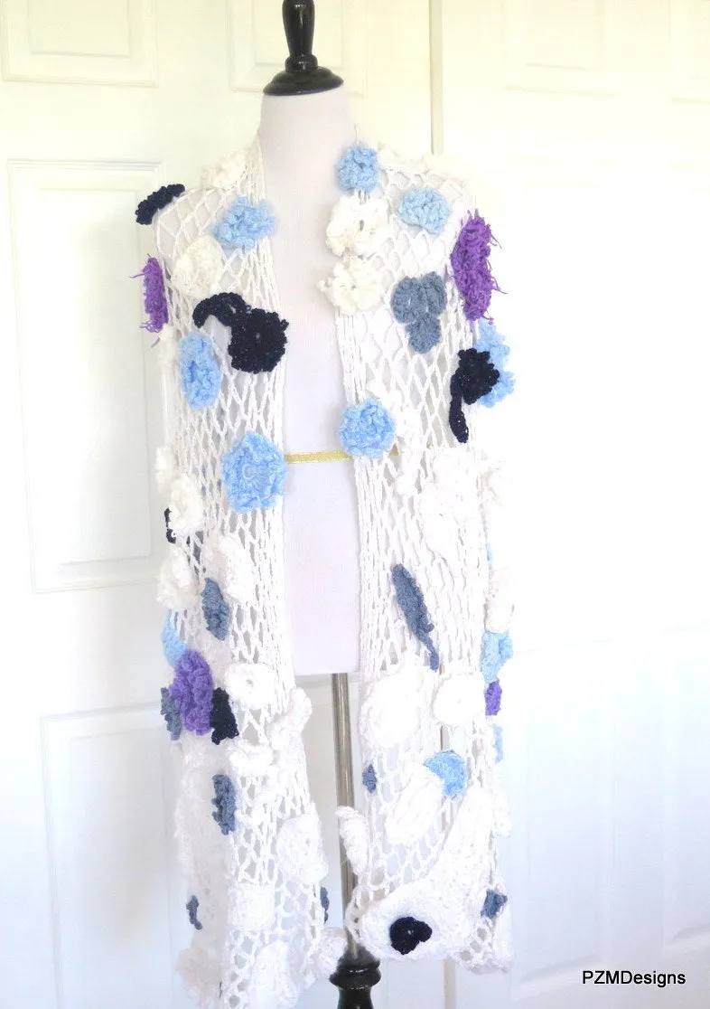 Large Crochet White Bridal Shawl with Flower Appliques