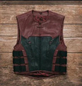 Leather Vest Mens Hunt Club Diamond Quilted Black & Maroon Leather Build Denim Style Rider Motorcycle Leather Vest Mens Vest