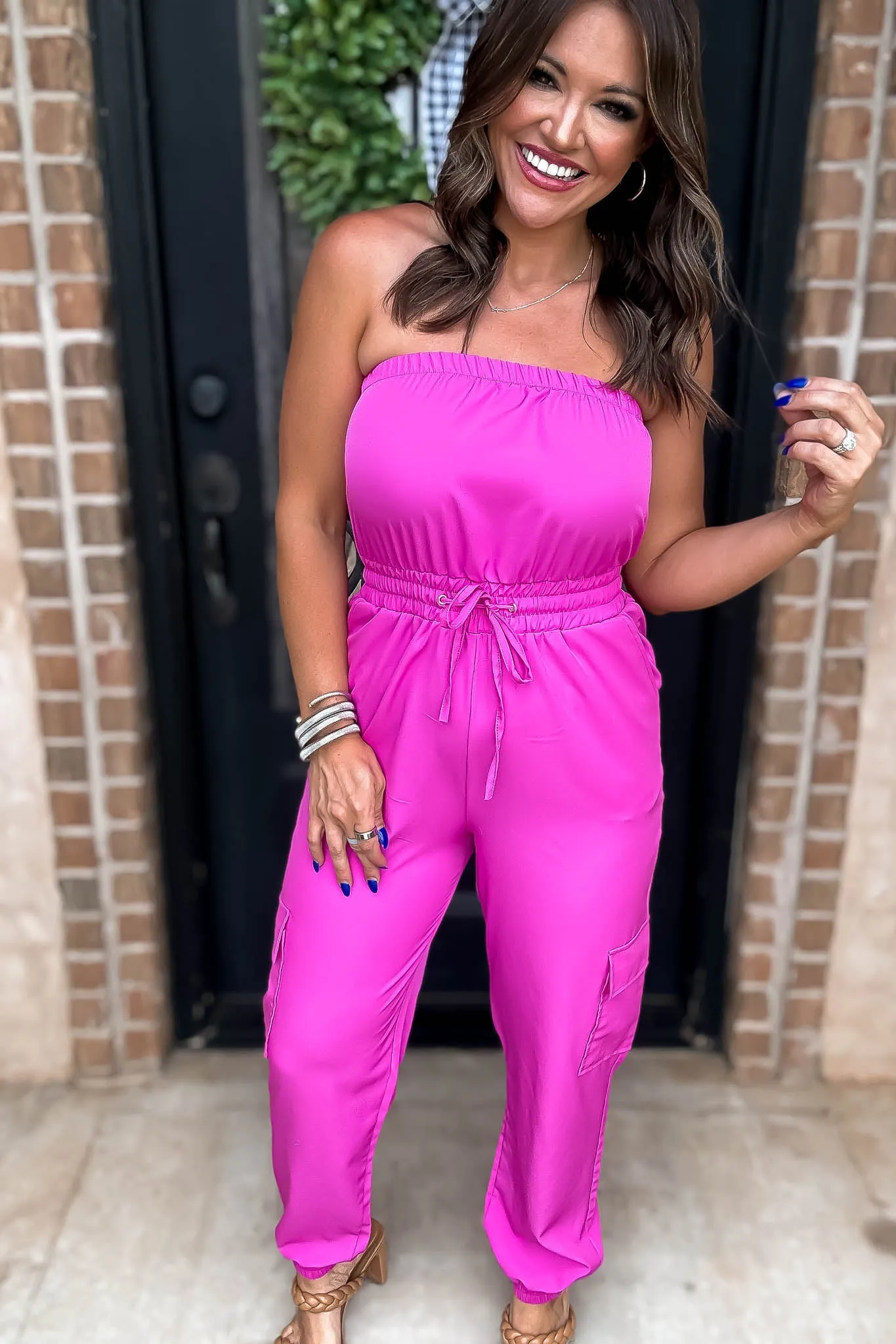 Long Fuschia Cargo Drawstring Jogger Jumpsuit