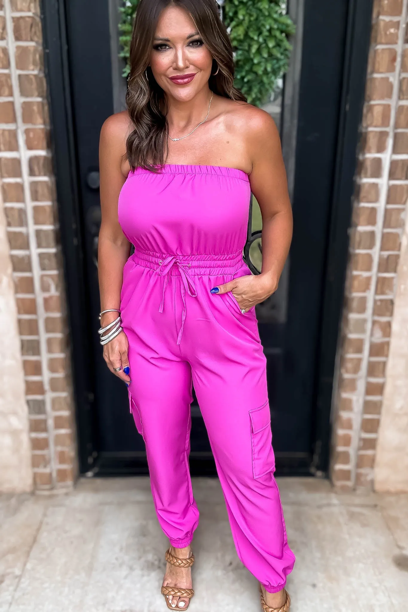 Long Fuschia Cargo Drawstring Jogger Jumpsuit