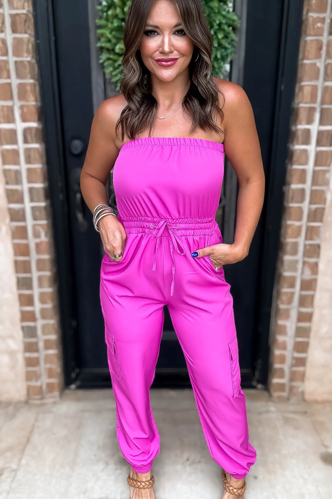 Long Fuschia Cargo Drawstring Jogger Jumpsuit