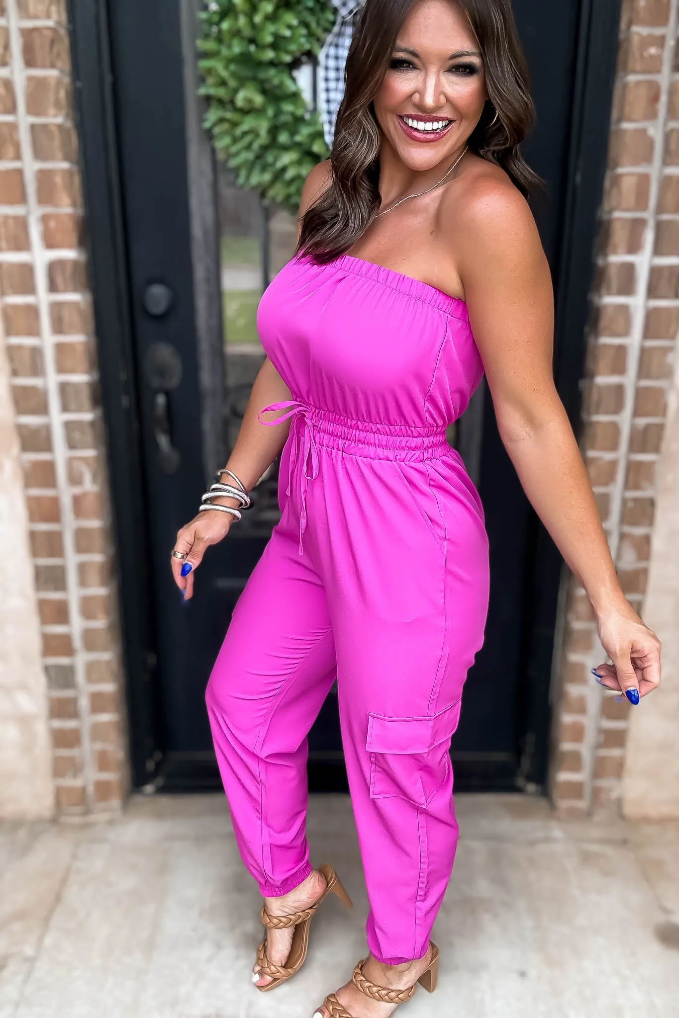 Long Fuschia Cargo Drawstring Jogger Jumpsuit