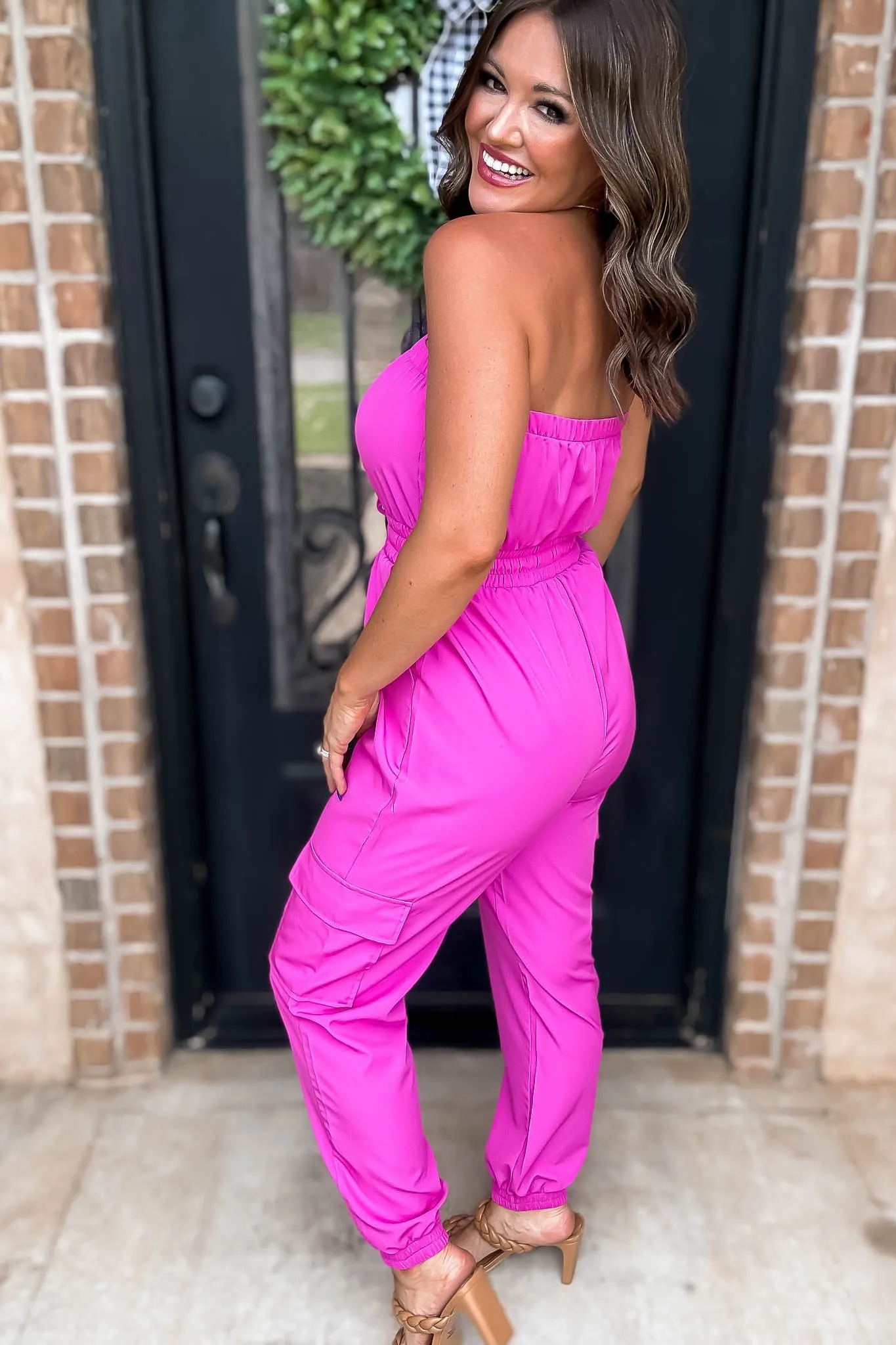 Long Fuschia Cargo Drawstring Jogger Jumpsuit