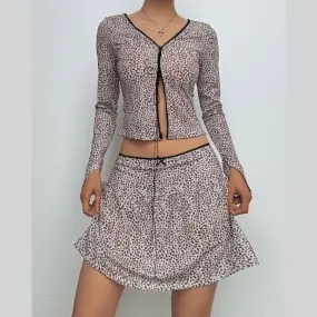 Long sleeve leopard print lace up ruched skirt set