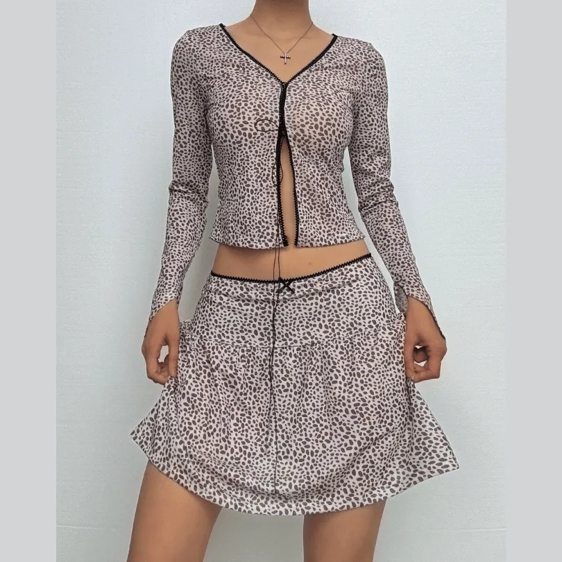 Long sleeve leopard print lace up ruched skirt set