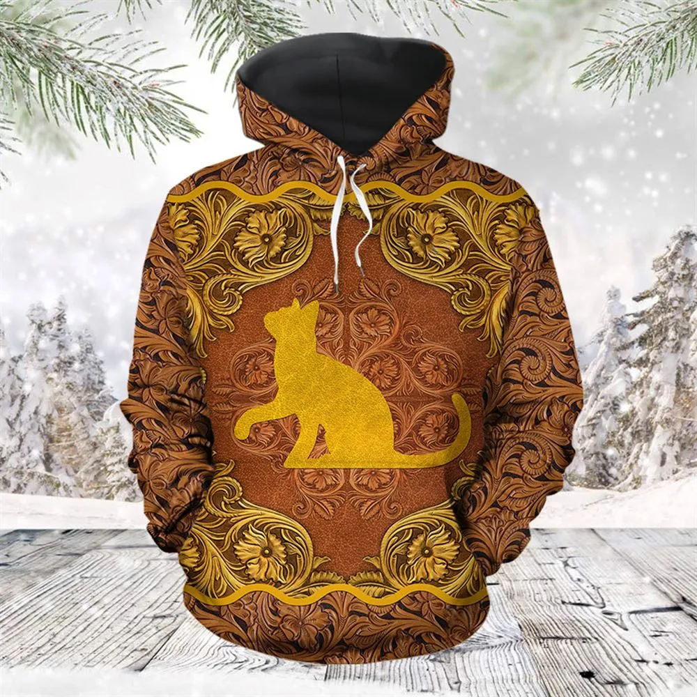 Love Cat Antique Golden All Over Print 3D Hoodie For Men And Women, Best Gift For Cat lovers, Best Outfit Christmas