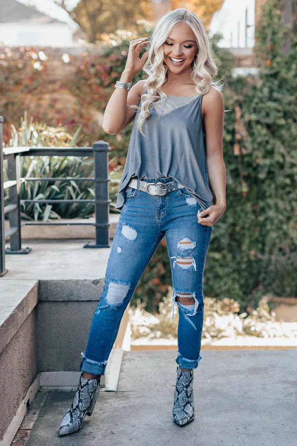 Loving Life Lace Shift Tank In Dark Grey