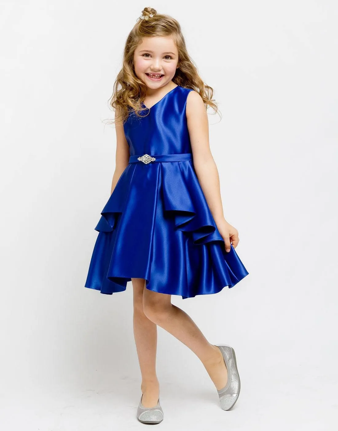 Lustrous Satin Layered Dress with a Rhinestone Brooch - Royal Blue