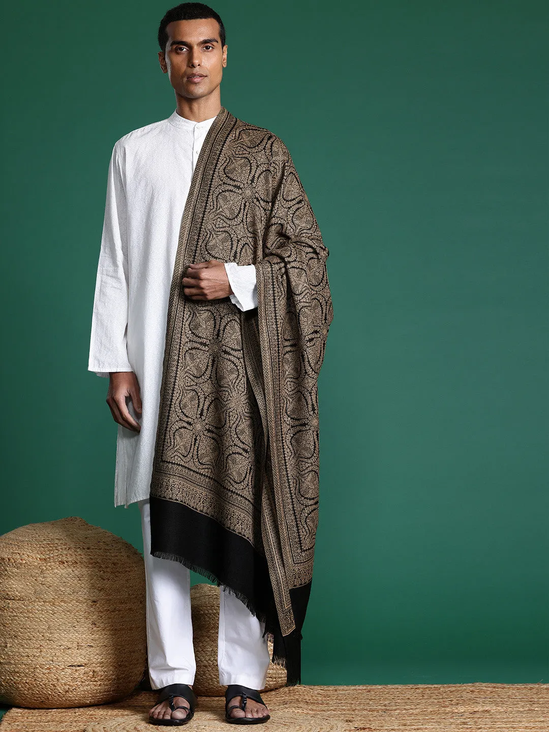 Men Black Ethnic Motifs Woven Embroidered Design Kashmiri Shawl