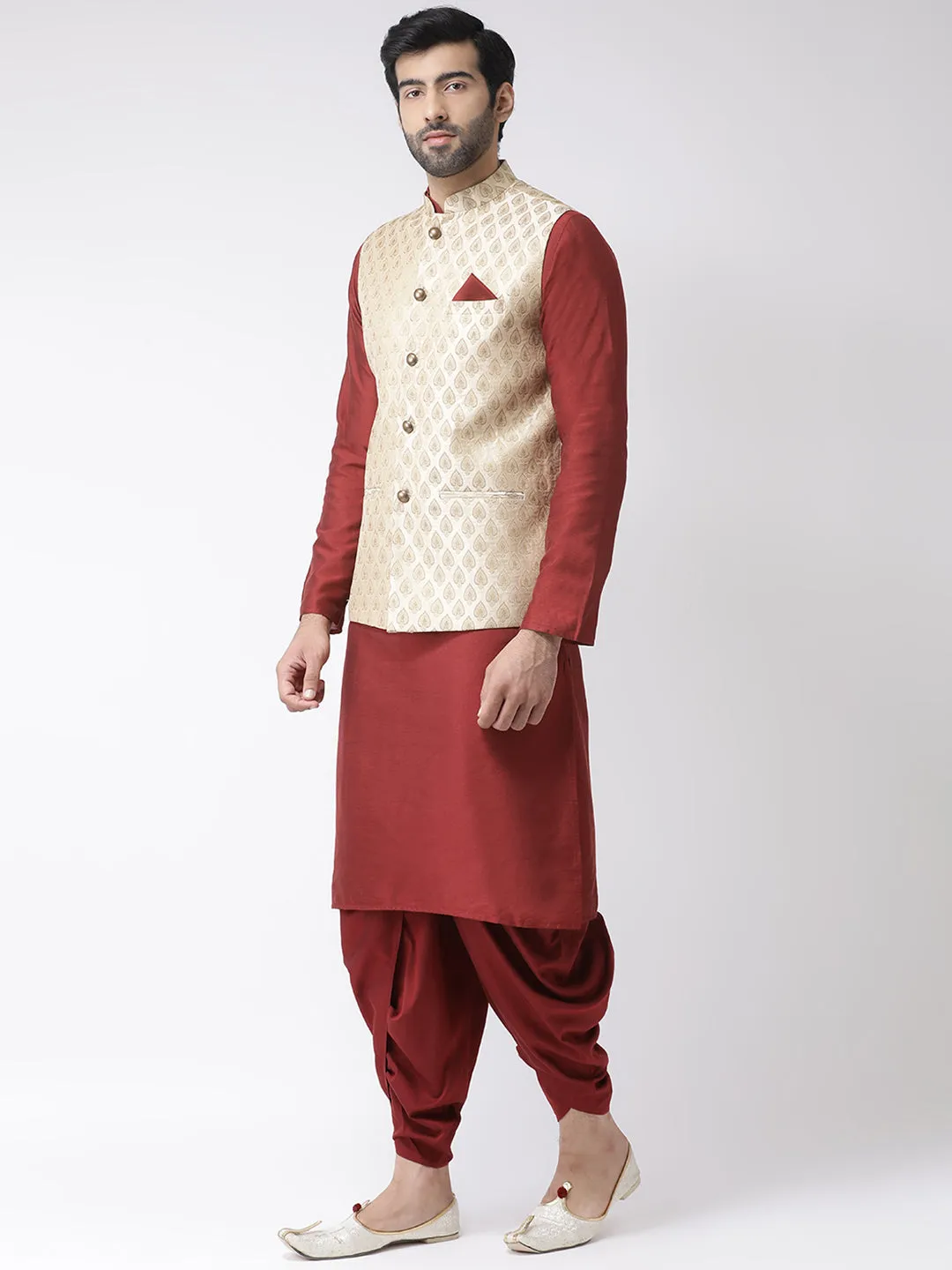 Men Yellow Kurta Jacket Dhoti Set